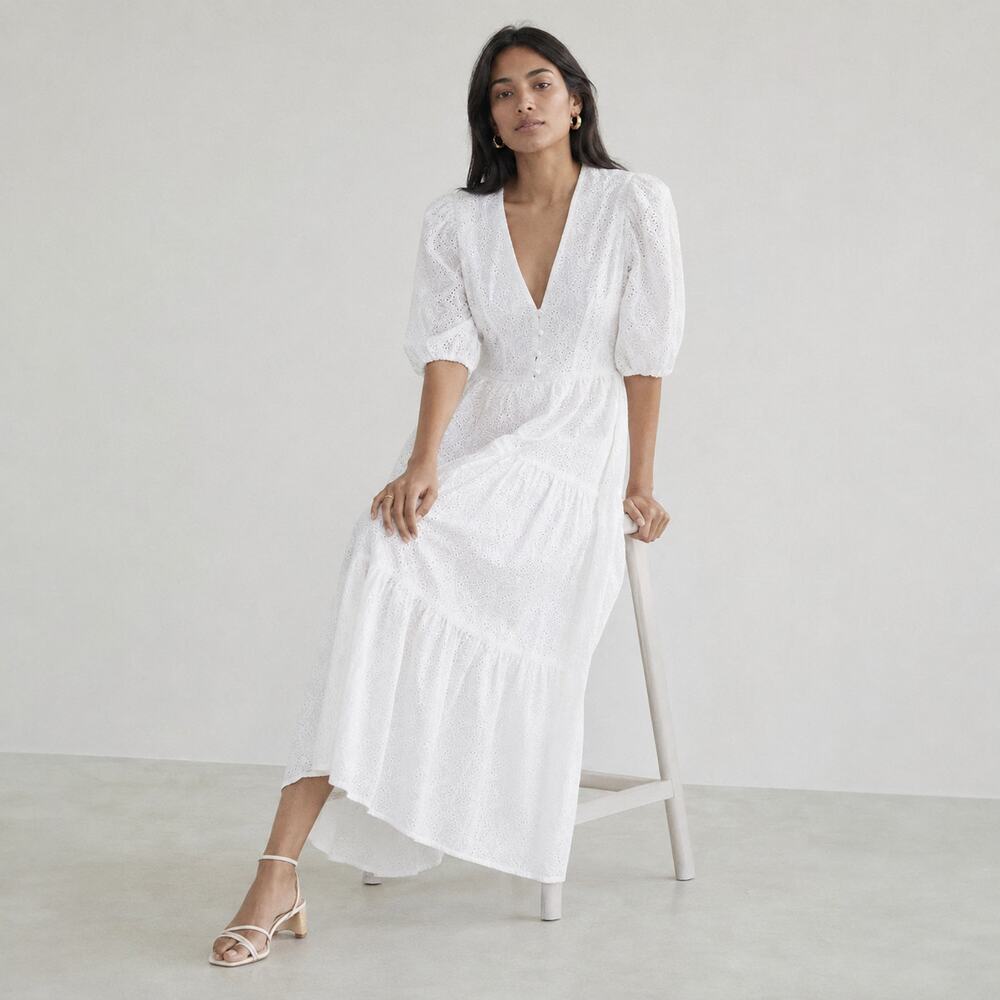 Nicholas Celie Dress Womens 6 NWT White Cotton Featherington Eyelet Midi/Maxi